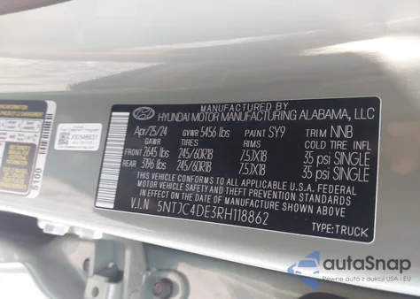 2024 Hyundai Santa Cruz Sel z USA, uszkodzony, nr VIN 5NTJC4DE3RH118862